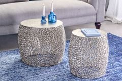 2er Set filigraner Design Couchtisch ABSTRACT LEAF antik silber Handarbeit rund