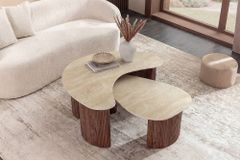 2er Set Couchtische OSAKA 120cm champagner greige Travertin Keramik Walnuss