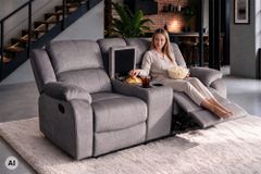 Exklusiver 2er Kinosessel HOLLYWOOD grau hochwertiger Vogue Veloursstoff mit Cupholder