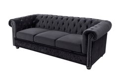 Barock Sofa CHESTERFIELD 205cm schwarz Samt Federkern Knopfheftung 3-Sitzer Couch