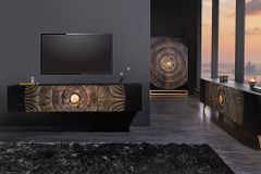 Handgearbeiteter Barschrank GOLDEN SUNSET 140cm schwarz gold Mangoholz massiv