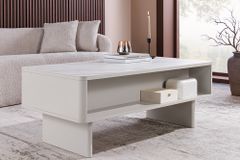 Design Couchtisch SAVOY 120cm kaschmir weiß Keramik Marmor mit Schubladen