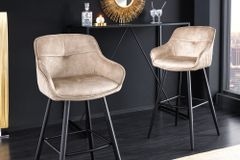 Design Barhocker EUPHORIA champagner greige Samt schwarze Metallbeine Barstuhl mit Lehne