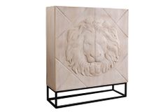 Massives Highboard LION 120cm creme Mangoholz schwarz Metall 3D Schnitzereien Kunstwerk