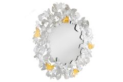 Dekorativer Wandspiegel GINKGO LEAFS XL 90cm gold silber rund aus Metall handmade