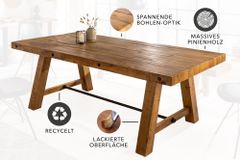 Massiver Esstisch FINCA 200cm vintage braun Pinienholz Industrial Design 8cm Tischplatte