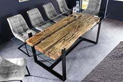 Design Glas Esstisch BARRACUDA 220cm natur Teak Massivholz schwarz Kufengestell