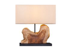 Handgefertigte Tischlampe HYPNOTIC 50cm natur Teakholz beige mit Leinenschirm