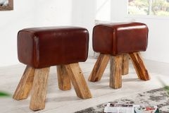 Retro Sitzhocker TURNBOCK 40cm mit Echtleder Bezug Mangoholz Hocker
