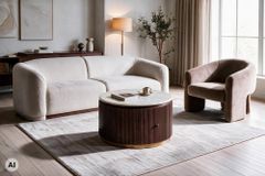 Runder Couchtisch COFFEE TABLE GATSBY 70cm braun weiß Mangoholz Marmor Schublade