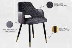 Design Stuhl PARIS grau Samt mit Armlehnen Ziersteppung goldene Fußkappen gepolstert