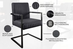 Moderner Freischwinger Stuhl BIG ASTON Echtleder schwarz Taschenfederkern Metall