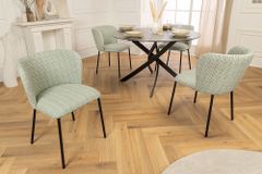 Design Stuhl LYON grün-rosa kariert Bouclé schwarze Metallbeine