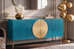 Massives Sideboard AURUM 180cm türkis Mangoholz mit ikonischem Gold-Element
