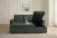 Ecksofa mit Schlaffunktion APARTMENT beidseitig aufbaubar grün Cord inkl. Stauraum