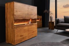 Massives Highboard GRAND 120cm braun Mangoholz mit LED-Beleuchtung