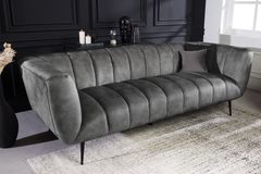 Design 3-Sitzer Sofa NOBLESSE 225cm grau Samt Federkern schwarze Metallfüße