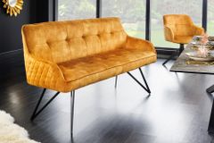 Design Sitzbank EUPHORIA 160cm senfgelb Samt Retrostil Ziersteppung Hairpin Legs Metallbeine Armlehnen