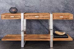 Massivholz Konsolentisch BARRACUDA 140cm braun Teakholz silber Edelstahl verchromt mit Schubladen