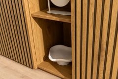 Design Sideboard VICENZA 180cm weiß Keramik natur Eiche Lamellenfront