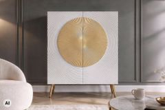 Massives Highboard AURUM 120cm weiß mit ikonischem Gold-Element