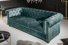 Chesterfield 3-Sitzer Sofa 205cm petrol Samt Federkern Goldnieten Knopfheftung
