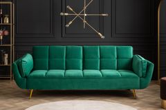 Retro Schlafsofa BOUTIQUE 215cm smaragdgrün Samt 3-Sitzer mit goldenen Füßen