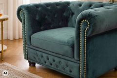 Barocker Sessel CHESTERFIELD petrol Samt Federkern goldene Nieten mit Knopfheftung
