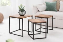 3er Set Beistelltisch ELEMENTS 40cm braun Sheesham Massivholz stone finish Metall