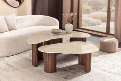 2er Set Couchtische OSAKA 120cm champagner greige Travertin Keramik Walnuss
