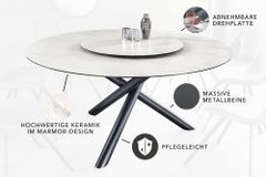 Runder Esstisch SPIN 150cm weiß mit 360° drehbarer Servierplatte Marmor Keramik schwarz