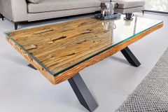 Massiver Couchtisch BARRACUDA 110cm antik natur Teakholz X-Gestell Glasplatte