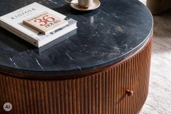 Runder Couchtisch COFFEE TABLE GATSBY 70cm braun schwarz Mangoholz Marmor Schublade