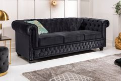 Barock Sofa CHESTERFIELD 205cm schwarz Samt Federkern Knopfheftung 3-Sitzer Couch