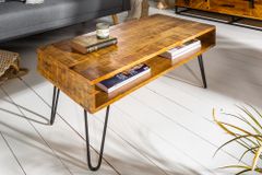 Massiver Couchtisch SCORPION 100cm natur Mangoholz Metall Hairpin Legs mit Ablage