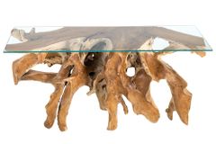 Massiver Konsolentisch ROOT 150cm natur Teak Massivholz aus Wurzelholz Glasplatte