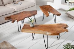 Massiver Couchtisch WILD 100cm Teak Massivholz Baumscheibe Hairpin Legs