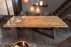 Massivholz Esstisch BARRACUDA 220cm natur Teak schwarz Metall X-Gestell inkl. Glasplatte