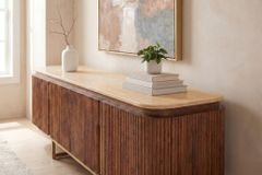 Design TV-Board GATSBY 160cm braun gold Mangoholz mit Travertin Metallgestell