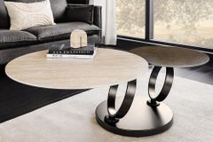 Design Couchtisch DANCING RINGS rost rund drehbar Travertin Keramik schwarz Gestell