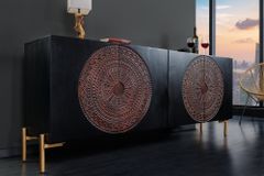 Massives Sideboard MANDALA 160cm Mangoholz schwarz mit 3D Schnitzereien goldene Füße