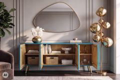 Massives Sideboard AURUM 180cm türkis Mangoholz mit ikonischem Gold-Element