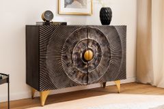 Massives Sideboard GOLDEN SUNSET 100cm schwarz Mangoholz 3D Schnitzerei gold Metall