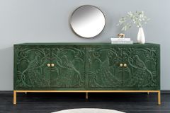 Massives Sideboard PEACOCK 175cm grün Mangoholz antik 3D Schnitzerei Pfau-Design