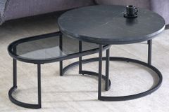 2er Set Couchtisch ELEGANCE 70cm graphit Marmor-Design Glas Metall rund oval