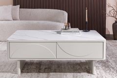 Design Couchtisch SAVOY 120cm kaschmir weiß Keramik Marmor mit Schubladen