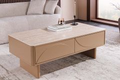Design Couchtisch SAVOY 120cm grau beige greige Keramik Travertin mit Schublade