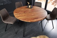 Runder Esstisch SCORPION 120cm Akazie natur Massivholz Hairpin Legs Retro Design