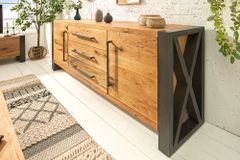 Massivholz Sideboard THOR 200cm mit Schubladen natur Wildeiche geölt Metall schwarz