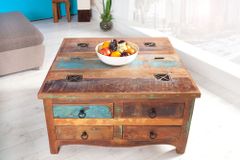 Massiver Couchtisch JAKARTA 70cm bunt Truhe aus recycelten Fischerbooten Holz mit Schubladen